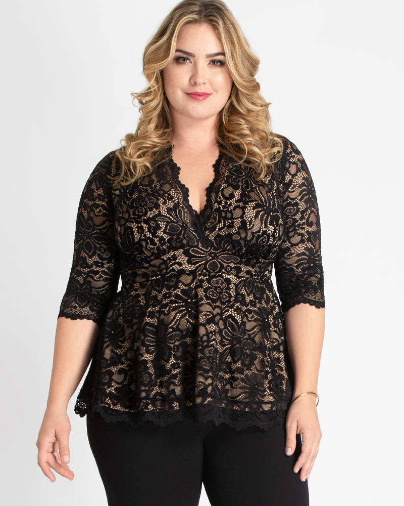 Front of a model wearing a size 0X Linden Lace Peplum Top in BLACK LACE/NUDE LINING by Kiyonna. | dia_product_style_image_id:219661